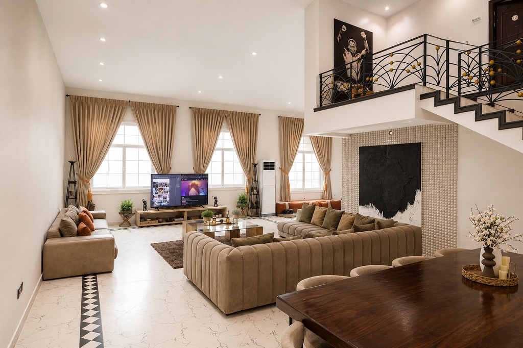 The double-height living room